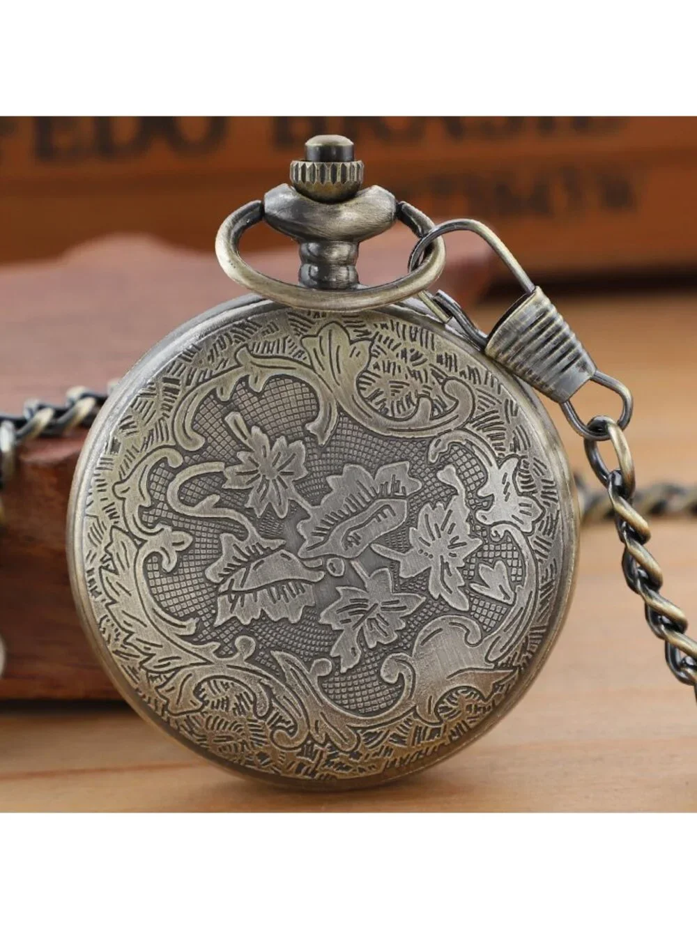 Men's Brown And Gold Analog Quartz Arabic Numeral Moon Phase Chain Pocket Watch